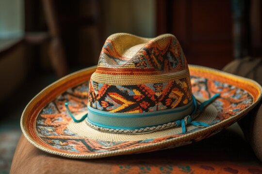 cowboy hat with colorful band and intricate design, tied to a horse's saddle, created with generative ai