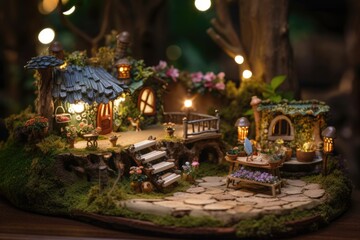 Fototapeta premium fairy garden with whimsical structures and magical elements, including glittering lights and miniature figurines, created with generative ai