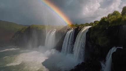 Fototapeta premium Immerse yourself in the enchanting allure of a stunning 8K rainbow casting its radiant hues over a magnificent waterfall. Generated by AI.