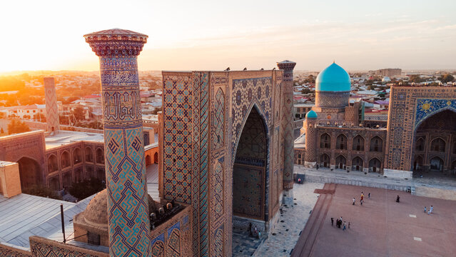 Registan Square in Samarkand Uzbekistan during sunset