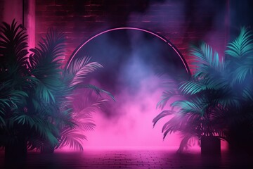 Naklejka premium Unleashing Creativity: Transforming an Empty Room with Brick Walls and Neon Lights into a Tropical Oasis with Colorful Smoke and Silhouettes of Leaves, Generative AI.