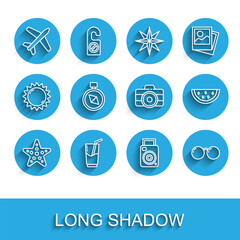 Fototapeta premium Set line Starfish, Cocktail and alcohol drink, Plane, Photo camera, Glasses, Compass, Watermelon and icon. Vector