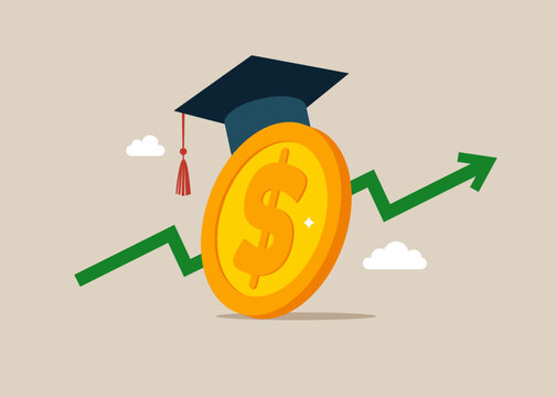 Education is getting more expensive. Good rating, positive reviews, prestigious university. Payment for education. Tuition fees, scholarship. Dollar coin wearing academic graduation mortarboard hat.