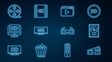 Set line 3D cinema glasses, CD disk award frame, Online play video, Screen tv with 16k, Monitor HD, Film reel, and 4k movie, tape, icon. Vector