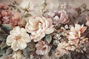 peony wallpaper illustration flower summer watercolor seamless leaf background delicate design. Generative AI.
