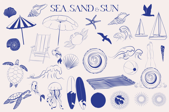 Sea life, beach items and sun collection in sketch style. Summer icons. Editable vector illustration.