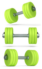 Set of dumbbells with rubber disks isolated on white background