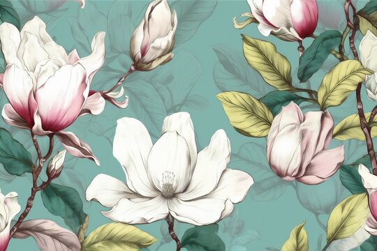 pattern decoration watercolor leaf magnolia background painting wallpaper flower floral seamless. Generative AI. © VICHIZH