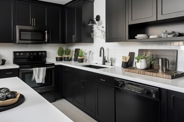 decluttered kitchen with sleek black appliances, white countertops, and glass mixing bowls, created with generative ai