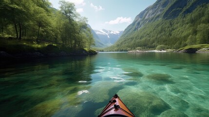 Immerse yourself in the beauty of nature on a thrilling kayaking expedition through crystal-clear waters. Navigate through winding rivers. Generated by AI.