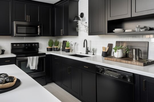 decluttered kitchen with sleek black appliances, white countertops, and glass mixing bowls, created with generative ai