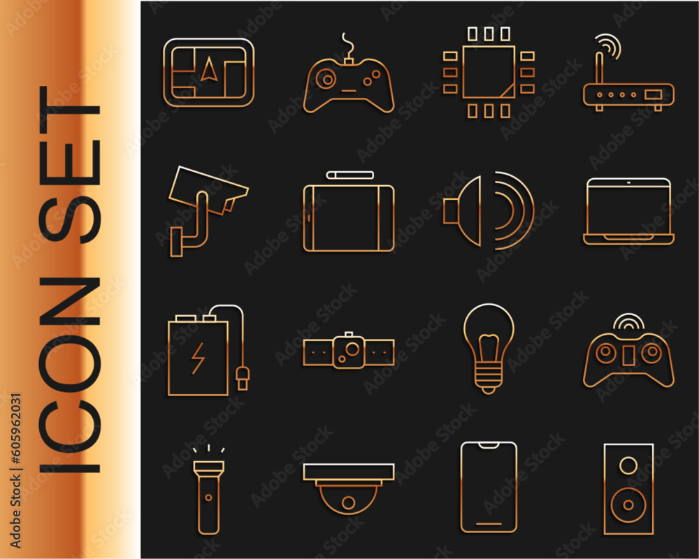 Poster set line stereo speaker, wireless gamepad, laptop, processor with microcircuits cpu, graphic tablet,