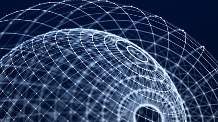 Abstract 3D illustration with cells of viruses, bacteria on dark background. Background with dots and lines. 3D