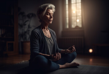 A woman sitting on a yoga mat in a dark room. Generative AI. Mature woman meditating.