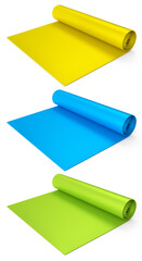 Set of yoga mats or lightweight foam camping bed roll pad isolated on white.