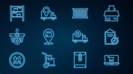 Set line Shopping cart on laptop, Verification of delivery list clipboard, Container, Location with cardboard box, Add basket, Warehouse, Delivery cargo truck vehicle and tracking icon. Vector