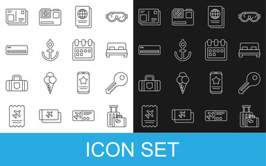 Set line Suitcase, Key, Big bed, Passport, Anchor, Air conditioner, with visa stamp and Calendar icon. Vector