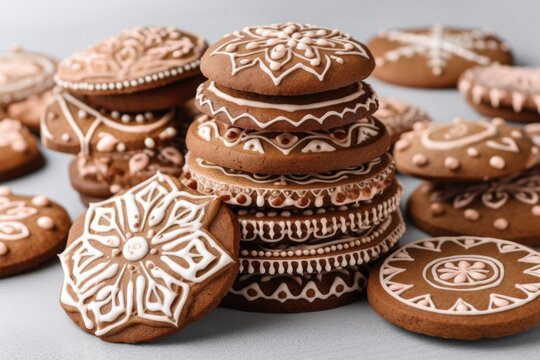 stack of gingerbread cookies, each one decorated with different icing designs, created with generative ai
