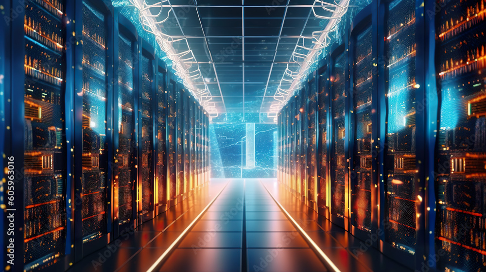 Poster rows of servers in a data center. generative ai.