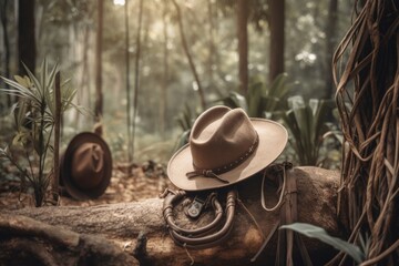 outdoorsy scene with cowboy hat, rope and horse out in the wild, created with generative ai