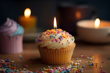 Naklejka na ściany i meble Cupcake with birthday candles sitting over pink table, in the style of bokeh with copy space. generative ai