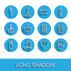 Set line Shaving gel foam, Washing hands with soap, Toothbrush, Menstrual cup, Cleaning service, Washbasin water tap, Antiperspirant deodorant roll and Cotton swab for ears icon. Vector