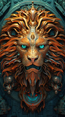 A painting of a lion's head with glowing eyes. Generative AI.