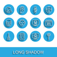 Set line Witches broom, Bottle with potion, Moon and stars, Pumpkin, Neptune Trident, Vampire, Calendar Halloween and Skull icon. Vector