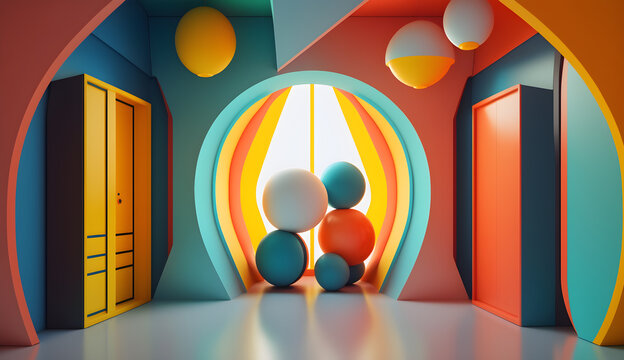 futuristic retro interior room colorful,retro futuristic colorful studio ,generative ai
