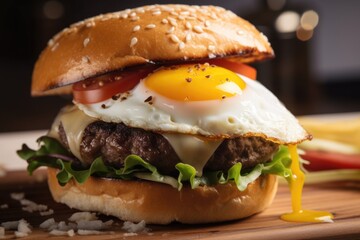 classic burger with steamy bun, juicy cheeses, and fried egg on top, created with generative ai