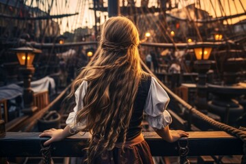 Pirate cute girl aboard pirate ship. Generate Ai - obrazy, fototapety, plakaty
