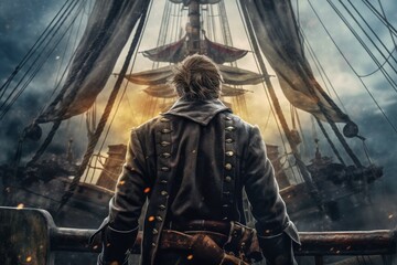 Fototapeta na wymiar Pirate man aboard pirate ship. Generate Ai