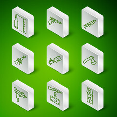 Set line Pepper spray, Buying assault rifle, Bullet, Anti-tank hand grenade, M16A1, Revolver gun, UZI submachine and Wooden axe icon. Vector