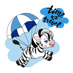 Funny cartoon summer zebra by parachute. Vector illustration for kids. Design for t-shirt