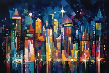 cubist painting of cityscape at night, with skyscrapers and stars visible, created with generative ai