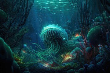 Fototapeta na wymiar deep-sea creature swimming through psychedelic underwater landscape of bioluminescence, created with generative ai