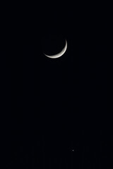 Bright Crescent Moon On Dark Black Night Sky. Amazing Night Sky Landscape And Moon, Stars. Waxing Crescent Moon. Moonlight In Night Sky. Real Sky With Star And Crescent. Copy Space.