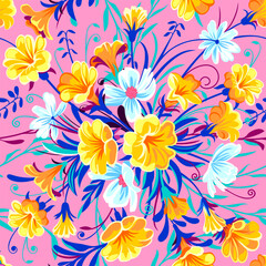 Fototapeta na wymiar Hand drawn colorful seamless pattern with beautiful garden flowers and leaves on pink background. Vector illustration, retro style.