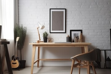 Interior of modern living room with furniture and empty picture frame. Mock up