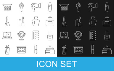 Set line Cream or lotion cosmetic tube, Nail polish bottle, Perfume, Hair dryer, Mascara brush, Makeup powder with mirror and icon. Vector