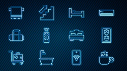 Set line Coffee cup, Lift, Hotel room bed, Remote control, Suitcase, Towel hanger, and Stairs icon. Vector