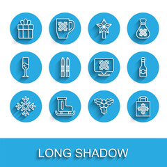 Set line Snowflake, Figure skates, Gift box, Branch viburnum, Christmas shopping bag, Ski and sticks, Champagne bottle and speech bubble icon. Vector