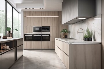clutter-free kitchen, with sleek appliances and functional design, for a relaxing atmosphere, created with generative ai