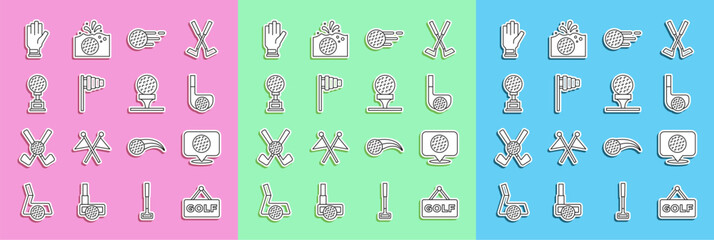 Set line Golf label, club with ball, flag, Award cup golf, glove and on tee icon. Vector