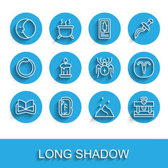 Set line Ancient magic book, Magic runes, Moon, powder, Bottle with potion, Burning candle, Aries zodiac and Spider icon. Vector