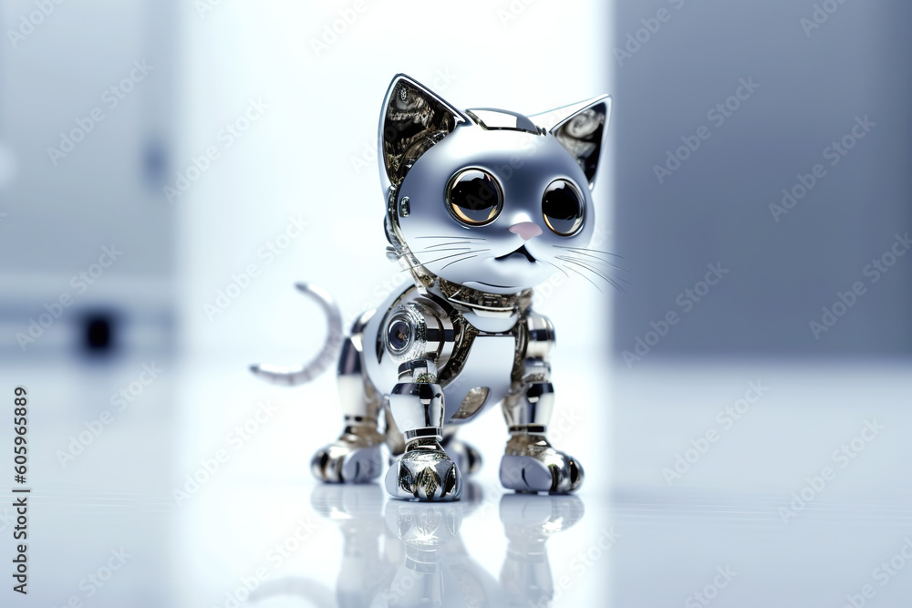 Poster a robot cat sitting on top of a table. generative ai.