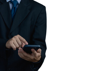 Businessman hand holding smartphone isolated white background.copy space