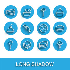 Set line Lollipop, Brownie chocolate cake, Piece of, Ice cream in waffle cone, Candy, Macaron cookie and Cookie or biscuit icon. Vector