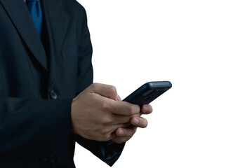 Businessman hand holding smartphone isolated white background.copy space