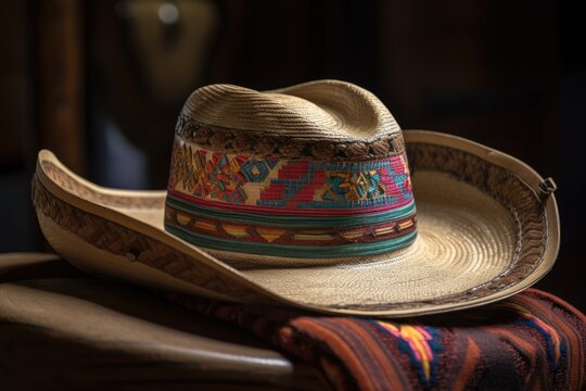 cowboy hat with colorful band and intricate design, tied to a horse's saddle, created with generative ai